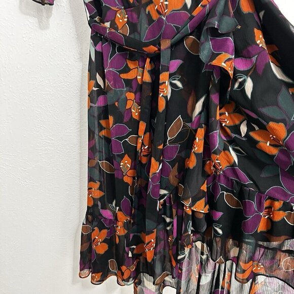 Calvin Klein Floral Asymmetrical Wrap Dress Sz 16 Surplice Neckline Ruffle Cuff - Picture 5 of 13